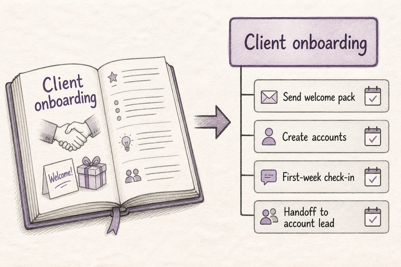 A playbook opens into real rows under a goal — named steps with dates, not a checklist pasted into a document